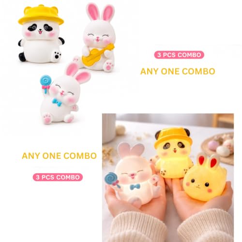Image of Cute LED Night Lamp for Kids (Pack of 3) Panda & Bunny Toy Light | Baby Night Light | Return Gift, Birthday Gift, Room Decor Lamp | Soft Warm Glow | Battery Operated Mini Decorative Lamp