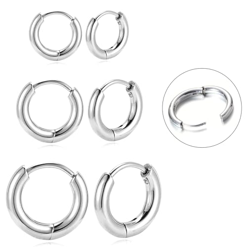 BLISI 3 Pairs ASTM F136 Titanium Silver Hoop Earrings 8mm/10mm/12mm Thick Lightweight Huggie Hoops...