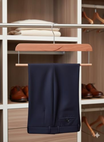 Image of BLOOMAX 16 Inch Hardwood Pants Trouser Hanger - Walnut Polished Finish | 360 Swivel Hook | Premium Rectangular Wooden Slack Hangers (Pack of 6)
