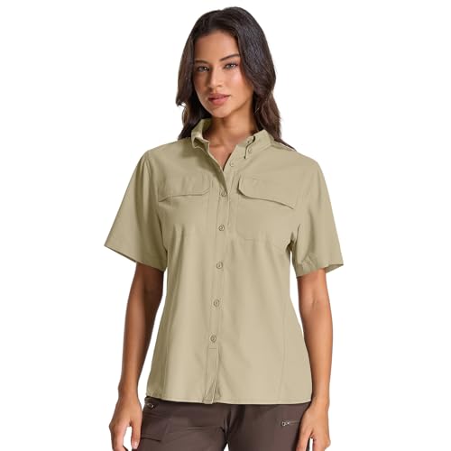 Womens Safari Hiking Sun Shirts UPF 50+ UV Sun Protection Quick Dry Lightweight Short Sleeve Button Shirts (5080 Khaki L)