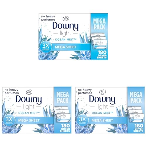 Downy Light Mega Dryer Sheets, Fabric Softener Dryer Sheets, Ocean Mist, 180 Count (Pack of 3) - image 1