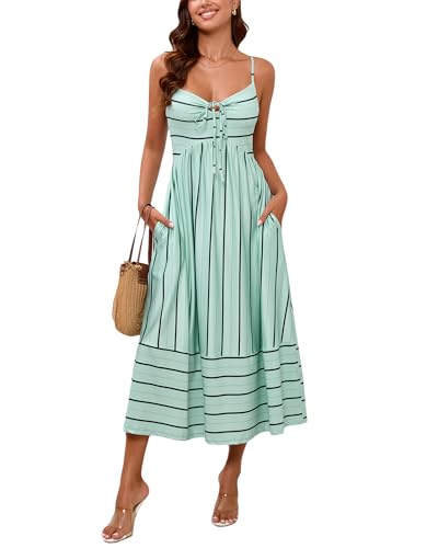 Image of Fashionme Womens Summer Maxi Dresses 2026 Trendy Striped Vacation Boho Beach Spaghetti Strap Sundress Back Tie with Pockets