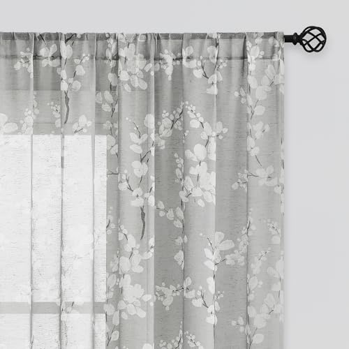 Image of FMFUNCTEX Linen Sheer Blossom Floral Print Curtains Grey 63 Inch 2 Panels | Rod Pocket Rustic Drapes, Farmhouse Flower Patterned Window Curtain, Light Filtering Privacy for Living Room and Bedroom