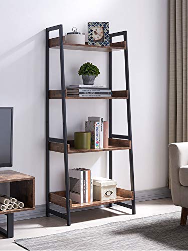 AMOAK 4-Tier Bookshelf, Industrial Ladder Shelf, Bookshelves, Vintage Bookcase, Storage Rack Shelves for Living Room, Bathroom, Wooden and Metal Frame, Retro Brown