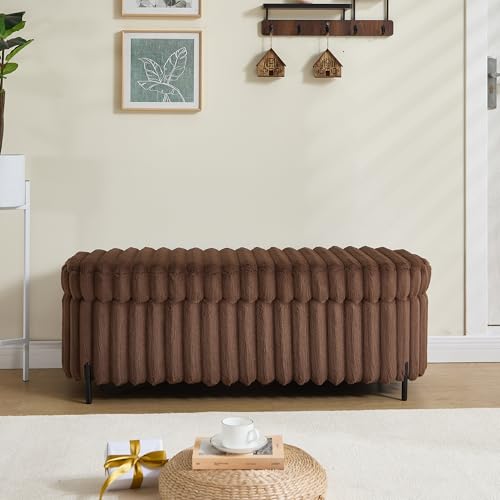 ALYIAMXL Upholstered Round Storage Bench, Wide Faux Fur Ottoman with Black Metal Legs for Living Room, Bedroom Home Decor (Brown, 49.2X20.7X 17.7in)