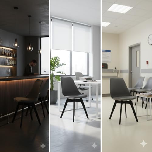 Image of Modern Bar Stool with Black Legs, Gray Cushioned Seat, Contemporary Dining Chair, Curved Back Design