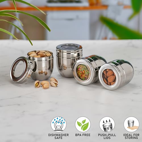 Image of Sumeet Stainless Steel Conical Shape Canisters /Dabba /Storage Containers for Kitchen with See Through Lid, Set of 4 Pcs, 150ml Each, 6cm Dia, Silver