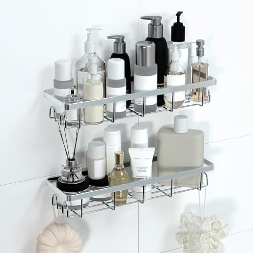 Uninol Shower Caddy Organizer with Hooks Self Adhesive Bathroom Shelves No Drilling Bathroom Organizers and Storage Perfect for RV Apartment Home Decor 2 Pack Silvery