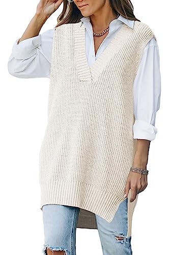 Pink Queen Damen Oversize Pullunder V-Ausschnitt Strickpullover Weste Ärmelloser Tanktop Übergroßer Aprikose M