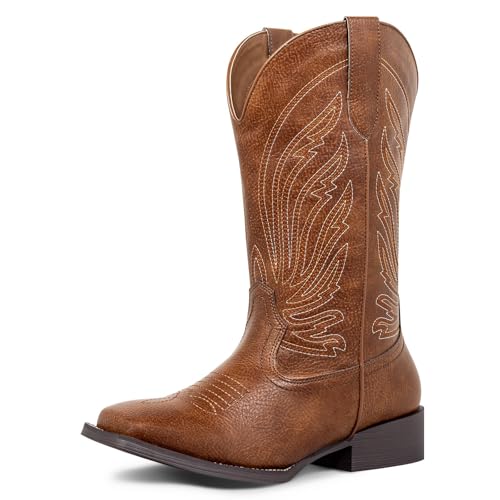 SheSole Extra Wide Calf Cowboy Boots for Women Square Toe Western Boots with Thickened Latex Insole & Chunky Heel, Stretchy Shaft Boots for Wide Calves and Feet Plus Size Brown X-Wide 11