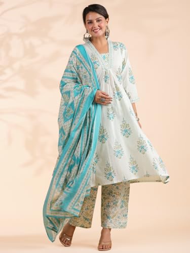 Image of Vbuyz Women Floral Print With Mirror Work Cotton Kurta Palazzo With Dupatta