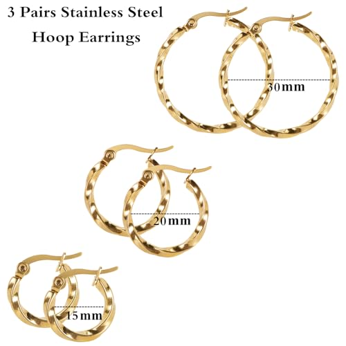 3 Pairs Twisted Stainless Steel Hoop Earrings Set for Women 14K Gold Plated Lightweight Dangle Earrings Silver Gold2