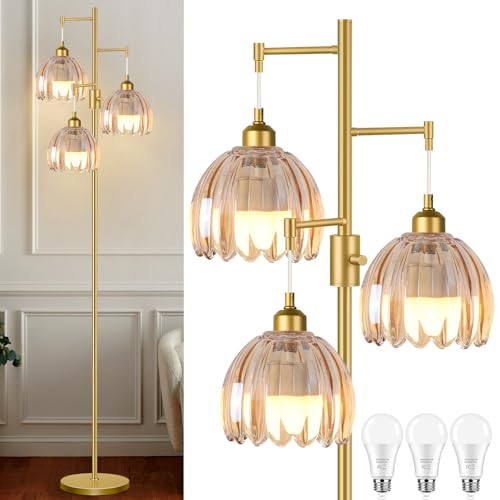 Image of ZECOXOL Gold Floor Lamps for Living Room 3 Lights Floor Lamp with Glass Lampshape & Three Led Bulb,Mid Century Standing Lamp