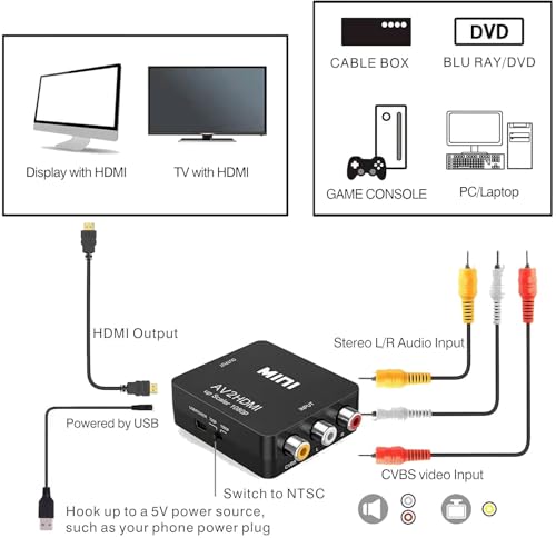 Image of Av to Hdmi Converter, RCA to Hdmi, 1080P Mini RCA Composite Cvbs Video Audio Converter Adapter Support Pal /Ntsc for Tv /Pc / Ps3 / Stb /Xbox VHS /VCR /Blue-Ray DVD Players (AV to HDMI Black)
