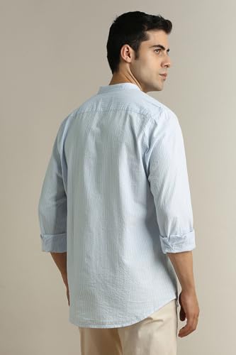Image of Peter England Men's Casual Mandarin Collar Slim fit Full Sleeve Shirt in 100% Cotton Seersucker with Striped Design