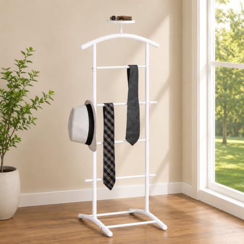 Image of Kings Brand Freestanding Metal Suit Valet Stand with Tie Bar, White | Complete Clothing Organizer with Hanger, Trouser Bar & Shelf Keeps Jackets, Pants, Ties, Belts & Accessories Organized