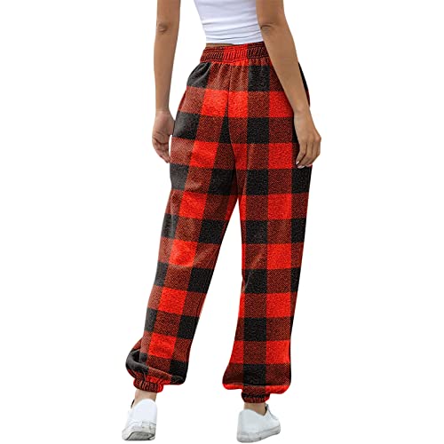 Christmas Baggy Yoga Sweatpants For Women Buffalo Plaid Comfy High Waisted Jogger Pants Oversized Color Block Workout Pants #TOP2