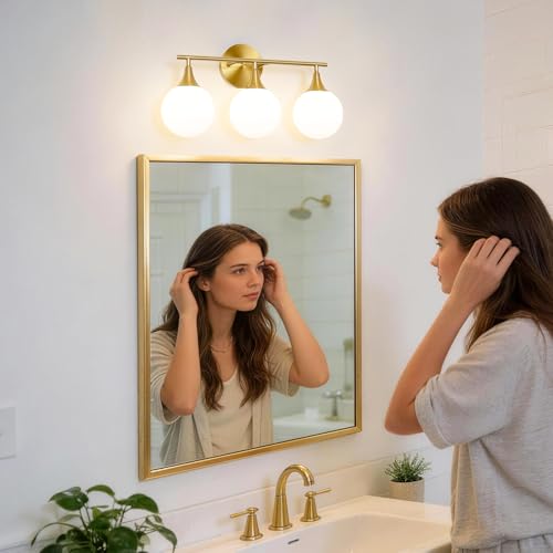 Image of Daunton Modern Brushed Gold Bathroom Vanity Light - Energy Efficient G9 Base Bathroom Lighting Fixtures Over Mirror, Milk Glass Shade Anti-Glare 19 Inch Soft Illumination for Makeup & Shaving