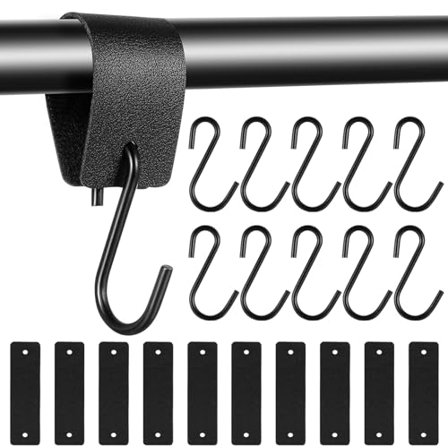 10 Set S Haken mit Lederschlaufe Schwarz, S Haken zum Einhängen mit Lederschlaufe, Metallhaken zum Einhängen, Keiderhaken für Stange, Kleiderstange, Garderobenhaken, Camping, Fleischerhaken