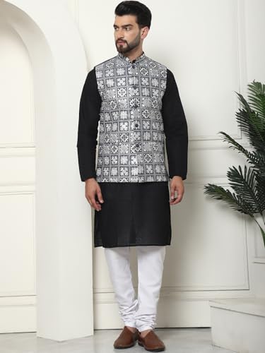 Image of SOJANYA (Since 1958 Men's Cotton Chikankari Kurta and White Pyjama with Embroidered Nehru Jacket