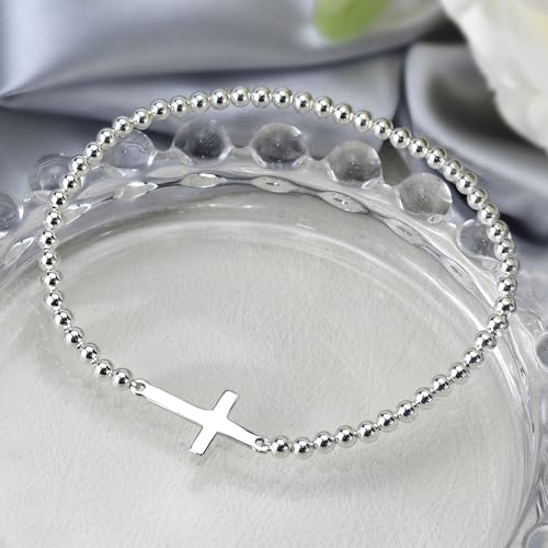 AeraVida Faithful Christian Cross .925 Sterling Silver Beaded Elastic Bracelet | 7-Inch Small Fit | Handmade Religious Symbolic Jewelry for Women2
