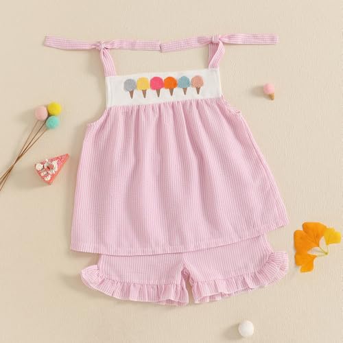 Toddler Girl Summer Outfit Ice Cream Embroidered Striped Sleeveless Smocked Tops Ruffled Gingham Shorts3