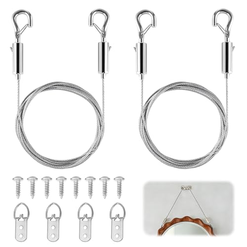 wilcractk Fil De Suspension D'Image Réglable Câble En Acier Inoxydable 2m Argent Avec Crochets Doubles Ajustables Pour Tableaux, Luminaires Et Affichages Intérieurs