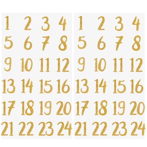 2 Blatt Adventskalender Aufkleber Glitzer Zahlen 1-24 Sterne Sticker für Weihnachten Kalender zum basteln selbstklebend Dekoration Etiketten Weihnachtskalender Nummern für Papiertüten (Gold)