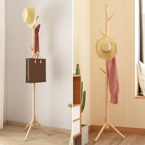 Image of Ash & Roh Natural Wooden Coat Rack Stand With Hooks Adjustable Height, Easy Assembly, Sturdy Solid Base for Coats, Hats, Handbags Entryway, Hallway, Bedroom, Office (Beige, 92-2)
