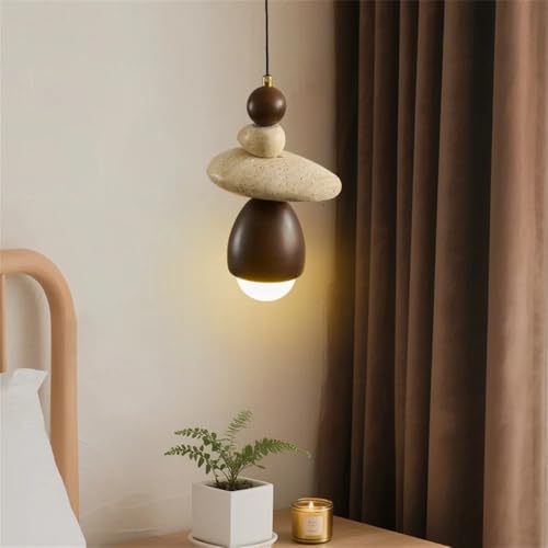 Lampe suspendue en résine effet pierre de grotte jaune, bois et fer pour cuisine loft