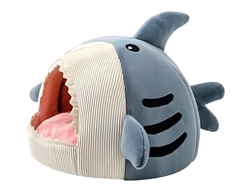 Tana Gatti - Casa Rilassante Con Fondo Antiscivolo - Cuccia Squalo Lavabile | Per Piccoli Cani E Gattini Animali Domestici Interno Calmante Casa Inverno - il tuo pet merita un trono (Blu)