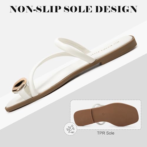 Image of Eozlink Women's Toe Ring Flat Sandals, Slip On Dressy Summer Slides | PU upper with square toe and metal accent for resort and casual outfits