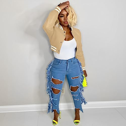 Image of Mintsnow Womens Varsity Jacket Long Sleeve Button Down Bomber Jackets Casual Baseball Uniform Streetwear