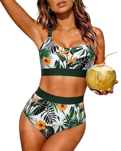 Image of Womens High Waisted Bikini Sets Sporty Crop Top Color Block Swimwear Bandeau Scoop Neck Vintage Two Piece Bathing Suits