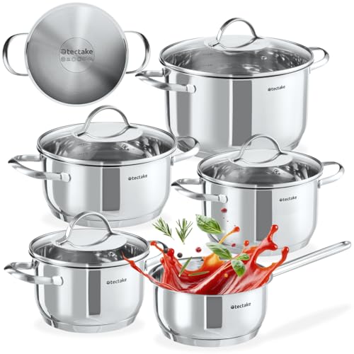 tectake® Set de 5 Casseroles et 4 Couvercle en verre, Batterie de cuisine Casserole inox, 1 Casserole à manche, 4 Casseroles à poignées, Compatible...