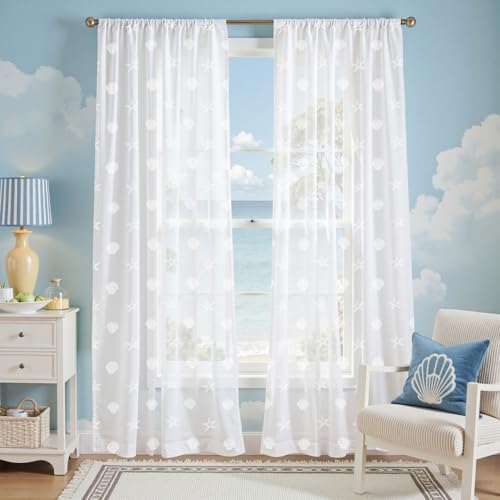 Vangao White Sheer Curtains for Living Room Coastal Themed Curtains for Bedroom Nursery Beach Cabin 84 Inch Long Drapes Seashell Starfish Patterned Window Treatments for Summer 2 Panels