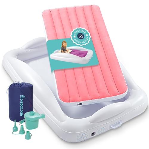Image of Hiccapop Inflatable Toddler Travel Bed with Safety Bumpers [4-Sided], Portable Toddler Bed for Kids, Toddler Air Mattress, Kids Air Mattress - Pink