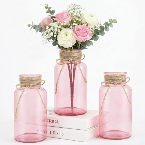 LEYIQU 3 Pack Mason Jar Vases for Centerpieces Pink Glass Flower Vase