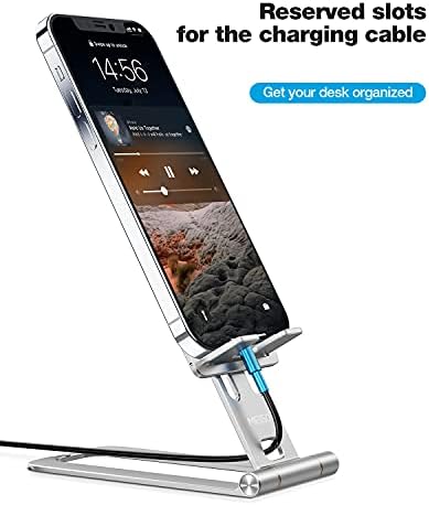 MEISO Mobile Phone Stand, Fully Foldable Phone Holder for Desk, Desktop Mobile Phone Cradle Dock Compatible with iPhone, Samsung Galaxy, iPad Mini, Tablets Up to 10 (Silver)