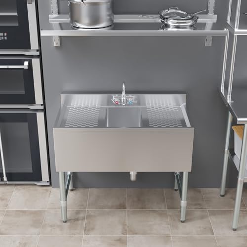 Image of AmGood One Compartment Stainless Steel Under bar Sink (Sink Size: 36 inchx19 inch, Single Bowl + 2 Drainboards)