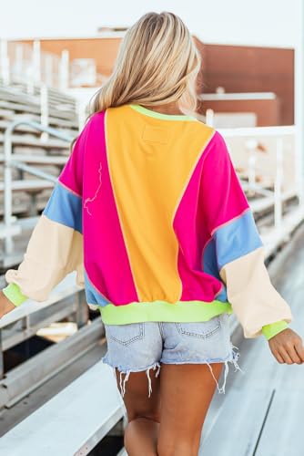 Image of KevaMolly Womens Long Sleeve Tops Colorblock Patchwork Exposed Stitching Oversize Top Round Neck Casual Pullover