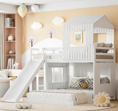 Image of Bellemave Bunk beds Twin Over Full with Slide,Ladders,House roof Design, Low bunk /loft Bed for Kids,White