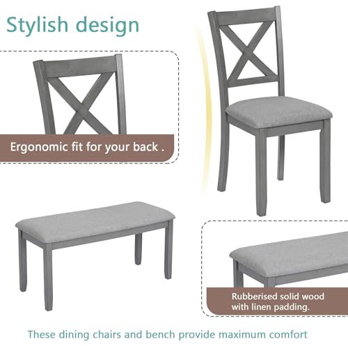 Image of Harper & Bright Designs 6-Piece Dining Table Set with 4 Upholstered Chairs & Bench, 58.5 inch Rectangular Solid Wood Frame Table, Dining Table Set for 6 People, Living Room, Home Bar and Kitchen,Grey
