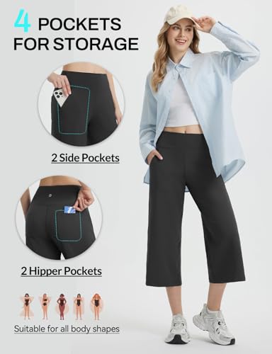 baleaf Women's Capri Pants Wide Leg Yoga Dress Capris High Waist Cropped Pants with Pockets Loose Lounge Travel Summer3