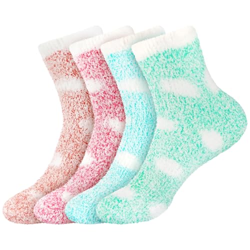 Image of BambooMN Women's Soft Warm Fuzzy Fluffy Polka Dot Cuff Crew Home Socks