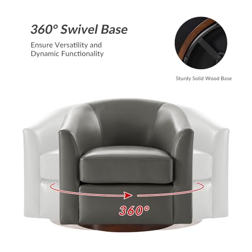 Image of HULALA HOME Genuine Leather Swivel Barrel Chairs Set of 2, Round Swivel Accent Chairs with Solid Wood Base, Leather Barrel Accent Chair for Living Room, No Assembly Required, Grey