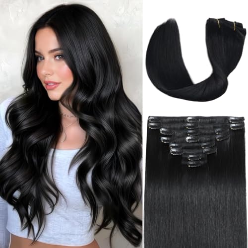 LORIEN Clip in Hair Extensions Real Human Hair 18 Inch 100g/3.6oz #1 Jet Black Clip in 100% Brazilian Remy Human Hair Extensions 8pcs Per Set with 18 Clips Double Weft
