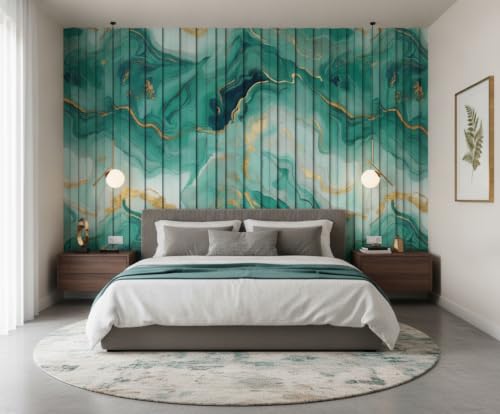Image of Green Gold Louvers Self-Adhesive Kitchen Wallpaper Roll, PVC 3D Wall Sticker Oil Proof, Waterproof & Washable Wallpaper for Home Decor, Living Room, Bedroom, Hotel & Cafe Walls (45x300cm)