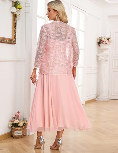 ISABUFEI Mother of The Bride Dresses Chiffon Lace Tea Length Grandmother Dresses with Jacket4