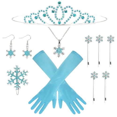 Capaneus 12 pcs Kostüm Prinzessin Damen Set,Prinzessin Kostüm Zubehör,Schneeflocken Haarschmuck Haarspangen,Krone Mädchen,Blau Handschuhe,Schneeflocken Ohrringe und Halsketten